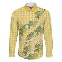 Aloha Puakenikeni Anthurium Pikake Lei Family Matching Short Sleeve Bodycon Dress and Hawaiian Shirt Gold Hawaiian Palaka Pattern LT9 Dad's Shirt - Long Sleeve Gold - Polynesian Pride
