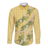 Aloha Puakenikeni Anthurium Pikake Lei Long Sleeve Button Shirt Gold Hawaiian Palaka Pattern