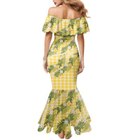 Aloha Puakenikeni Anthurium Pikake Lei Mermaid Dress Gold Hawaiian Palaka Pattern