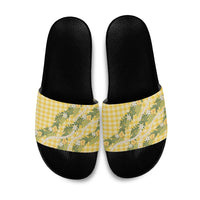 Aloha Puakenikeni Anthurium Pikake Lei Slide Sandals Gold Hawaiian Palaka Pattern