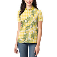 Aloha Puakenikeni Anthurium Pikake Lei Women Polo Shirt Gold Hawaiian Palaka Pattern LT9 - Polynesian Pride