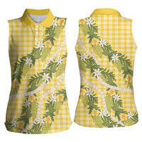 Aloha Puakenikeni Anthurium Pikake Lei Women Sleeveless Polo Shirt Gold Hawaiian Palaka Pattern LT9 - Polynesian Pride