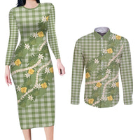 Aloha Puakenikeni Anthurium Pikake Lei Couples Matching Long Sleeve Bodycon Dress and Long Sleeve Button Shirt Green Hawaiian Palaka Pattern LT9 Green - Polynesian Pride