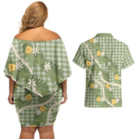 Aloha Puakenikeni Anthurium Pikake Lei Couples Matching Off Shoulder Short Dress and Hawaiian Shirt Green Hawaiian Palaka Pattern LT9 - Polynesian Pride