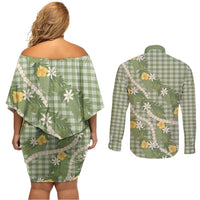 Aloha Puakenikeni Anthurium Pikake Lei Couples Matching Off Shoulder Short Dress and Long Sleeve Button Shirt Green Hawaiian Palaka Pattern LT9 - Polynesian Pride