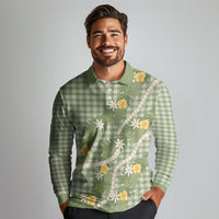 Aloha Puakenikeni Anthurium Pikake Lei Long Sleeve Polo Shirt Green Hawaiian Palaka Pattern