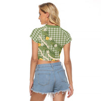 Aloha Puakenikeni Anthurium Pikake Lei Raglan Cropped T Shirt Green Hawaiian Palaka Pattern