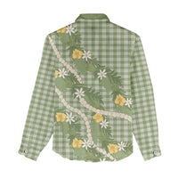 Aloha Puakenikeni Anthurium Pikake Lei Women Casual Shirt Green Hawaiian Palaka Pattern LT9 - Polynesian Pride