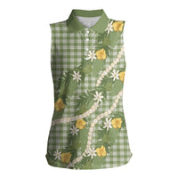 Aloha Puakenikeni Anthurium Pikake Lei Women Sleeveless Polo Shirt Green Hawaiian Palaka Pattern LT9 Female Green - Polynesian Pride