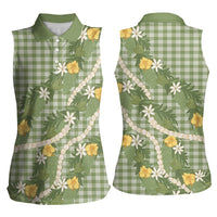 Aloha Puakenikeni Anthurium Pikake Lei Women Sleeveless Polo Shirt Green Hawaiian Palaka Pattern LT9 - Polynesian Pride