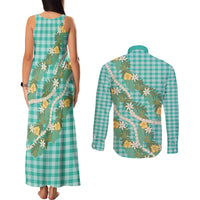 Aloha Puakenikeni Anthurium Pikake Lei Couples Matching Tank Maxi Dress and Long Sleeve Button Shirt Marine Hawaiian Palaka Pattern LT9 - Polynesian Pride