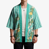 Aloha Puakenikeni Anthurium Pikake Lei Kimono Marine Hawaiian Palaka Pattern