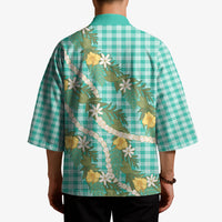 Aloha Puakenikeni Anthurium Pikake Lei Kimono Marine Hawaiian Palaka Pattern
