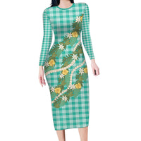 Aloha Puakenikeni Anthurium Pikake Lei Long Sleeve Bodycon Dress Marine Hawaiian Palaka Pattern LT9 Long Dress Marine - Polynesian Pride