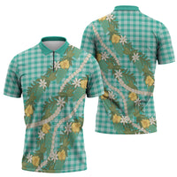 Aloha Puakenikeni Anthurium Pikake Lei Zipper Polo Shirt Marine Hawaiian Palaka Pattern