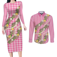 Aloha Puakenikeni Anthurium Pikake Lei Couples Matching Long Sleeve Bodycon Dress and Long Sleeve Button Shirt Tropical Pink Hawaiian Palaka Pattern LT9 Pink - Polynesian Pride
