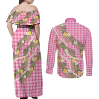 Aloha Puakenikeni Anthurium Pikake Lei Couples Matching Off Shoulder Maxi Dress and Long Sleeve Button Shirt Tropical Pink Hawaiian Palaka Pattern LT9 - Polynesian Pride