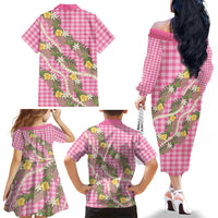 Aloha Puakenikeni Anthurium Pikake Lei Family Matching Off The Shoulder Long Sleeve Dress and Hawaiian Shirt Tropical Pink Hawaiian Palaka Pattern LT9 - Polynesian Pride