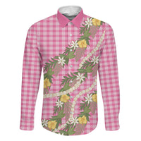 Aloha Puakenikeni Anthurium Pikake Lei Family Matching Short Sleeve Bodycon Dress and Hawaiian Shirt Tropical Pink Hawaiian Palaka Pattern LT9 Dad's Shirt - Long Sleeve Pink - Polynesian Pride
