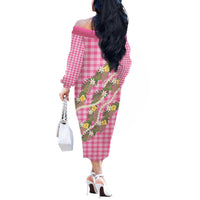 Aloha Puakenikeni Anthurium Pikake Lei Off The Shoulder Long Sleeve Dress Tropical Pink Hawaiian Palaka Pattern LT9 - Polynesian Pride