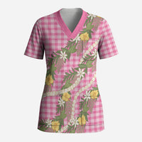 Aloha Puakenikeni Anthurium Pikake Lei Scrub Top Tropical Pink Hawaiian Palaka Pattern