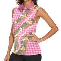 Aloha Puakenikeni Anthurium Pikake Lei Women Sleeveless Polo Shirt Tropical Pink Hawaiian Palaka Pattern LT9 - Polynesian Pride