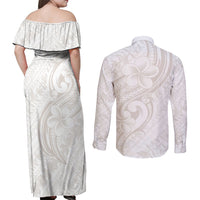 Hawaii Plumeria Lokelani Pikake Lei Couples Matching Off Shoulder Maxi Dress and Long Sleeve Button Shirt Sandy Beige Polynesian Tattoo LT9 - Polynesian Pride