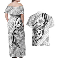 Hawaii Plumeria Lokelani Pikake Lei Couples Matching Off Shoulder Maxi Dress and Hawaiian Shirt Ele'ele Polynesian Tattoo LT9 - Polynesian Pride