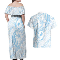 Hawaii Plumeria Lokelani Pikake Lei Couples Matching Off Shoulder Maxi Dress and Hawaiian Shirt Uliuli Polynesian Tattoo LT9 - Polynesian Pride