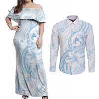 Hawaii Plumeria Lokelani Pikake Lei Couples Matching Off Shoulder Maxi Dress and Long Sleeve Button Shirt Uliuli Polynesian Tattoo LT9 Blue - Polynesian Pride