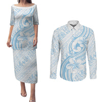 Hawaii Plumeria Lokelani Pikake Lei Couples Matching Puletasi and Long Sleeve Button Shirt Uliuli Polynesian Tattoo LT9 Blue - Polynesian Pride