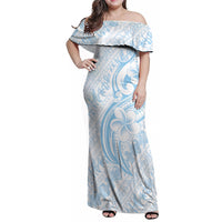 Hawaii Plumeria Lokelani Pikake Lei Family Matching Off Shoulder Maxi Dress and Hawaiian Shirt Uliuli Polynesian Tattoo LT9 Mom's Dress Blue - Polynesian Pride