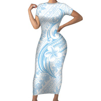 Hawaii Plumeria Lokelani Pikake Lei Short Sleeve Bodycon Dress Uliuli Polynesian Tattoo LT9 Long Dress Blue - Polynesian Pride
