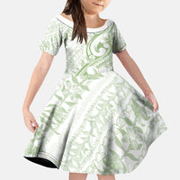 Hawaii Plumeria Lokelani Pikake Lei Family Matching Off The Shoulder Long Sleeve Dress and Hawaiian Shirt Oma'oma'o Polynesian Tattoo LT9 Daughter's Dress Green - Polynesian Pride