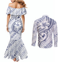 Hawaii Plumeria Lokelani Pikake Lei Couples Matching Mermaid Dress and Long Sleeve Button Shirt Navy Blue Polynesian Tattoo LT9 - Polynesian Pride