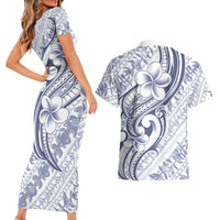 Hawaii Plumeria Lokelani Pikake Lei Couples Matching Short Sleeve Bodycon Dress and Hawaiian Shirt Navy Blue Polynesian Tattoo LT9 - Polynesian Pride