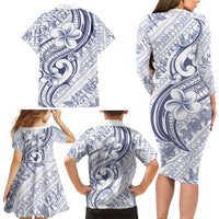 Hawaii Plumeria Lokelani Pikake Lei Family Matching Long Sleeve Bodycon Dress and Hawaiian Shirt Navy Blue Polynesian Tattoo LT9 - Polynesian Pride