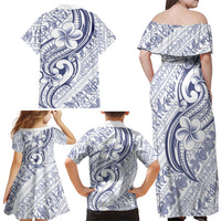 Hawaii Plumeria Lokelani Pikake Lei Family Matching Off Shoulder Maxi Dress and Hawaiian Shirt Navy Blue Polynesian Tattoo LT9 - Polynesian Pride