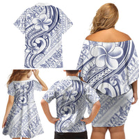 Hawaii Plumeria Lokelani Pikake Lei Family Matching Off Shoulder Short Dress and Hawaiian Shirt Navy Blue Polynesian Tattoo LT9 - Polynesian Pride