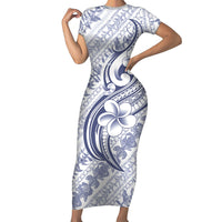 Hawaii Plumeria Lokelani Pikake Lei Short Sleeve Bodycon Dress Navy Blue Polynesian Tattoo LT9 Long Dress Navy Blue - Polynesian Pride