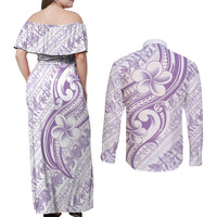 Hawaii Plumeria Lokelani Pikake Lei Couples Matching Off Shoulder Maxi Dress and Long Sleeve Button Shirt Poni Polynesian Tattoo LT9 - Polynesian Pride