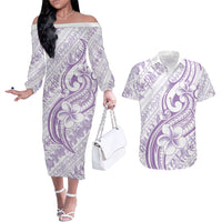 Hawaii Plumeria Lokelani Pikake Lei Couples Matching Off The Shoulder Long Sleeve Dress and Hawaiian Shirt Poni Polynesian Tattoo LT9 Purple - Polynesian Pride