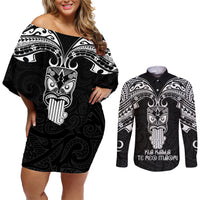 New Zealand Te Reo Maori Couples Matching Off Shoulder Short Dress and Long Sleeve Button Shirts Kia Kaha Maori Language Week Black Style LT9 Black - Polynesian Pride
