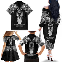 New Zealand Te Reo Maori Family Matching Off Shoulder Long Sleeve Dress and Hawaiian Shirt Kia Kaha Maori Language Week Black Style LT9 - Polynesian Pride