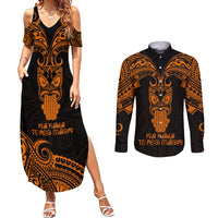 Personalised New Zealand Te Reo Maori Couples Matching Summer Maxi Dress and Long Sleeve Button Shirts Kia Kaha Maori Language Week Gold Style LT9 Gold - Polynesian Pride