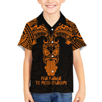 Personalised New Zealand Te Reo Maori Family Matching Puletasi Dress and Hawaiian Shirt Kia Kaha Maori Language Week Gold Style LT9 Son's Shirt Gold - Polynesian Pride