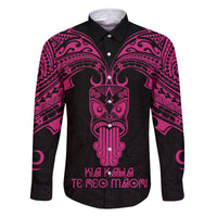 Personalised New Zealand Te Reo Maori Family Matching Off Shoulder Maxi Dress and Hawaiian Shirt Kia Kaha Maori Language Week Pink Style LT9 Dad's Shirt - Long Sleeve Pink - Polynesian Pride