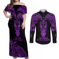 Personalised New Zealand Te Reo Maori Couples Matching Off Shoulder Maxi Dress and Long Sleeve Button Shirts Kia Kaha Maori Language Week Purple Style LT9 Purple - Polynesian Pride