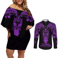 Personalised New Zealand Te Reo Maori Couples Matching Off Shoulder Short Dress and Long Sleeve Button Shirts Kia Kaha Maori Language Week Purple Style LT9 Purple - Polynesian Pride