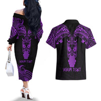 Personalised New Zealand Te Reo Maori Couples Matching Off The Shoulder Long Sleeve Dress and Hawaiian Shirt Kia Kaha Maori Language Week Purple Style LT9 - Polynesian Pride